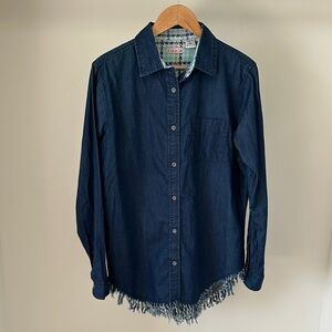 Tizzie Denim Chambray button-down top with fringed hem